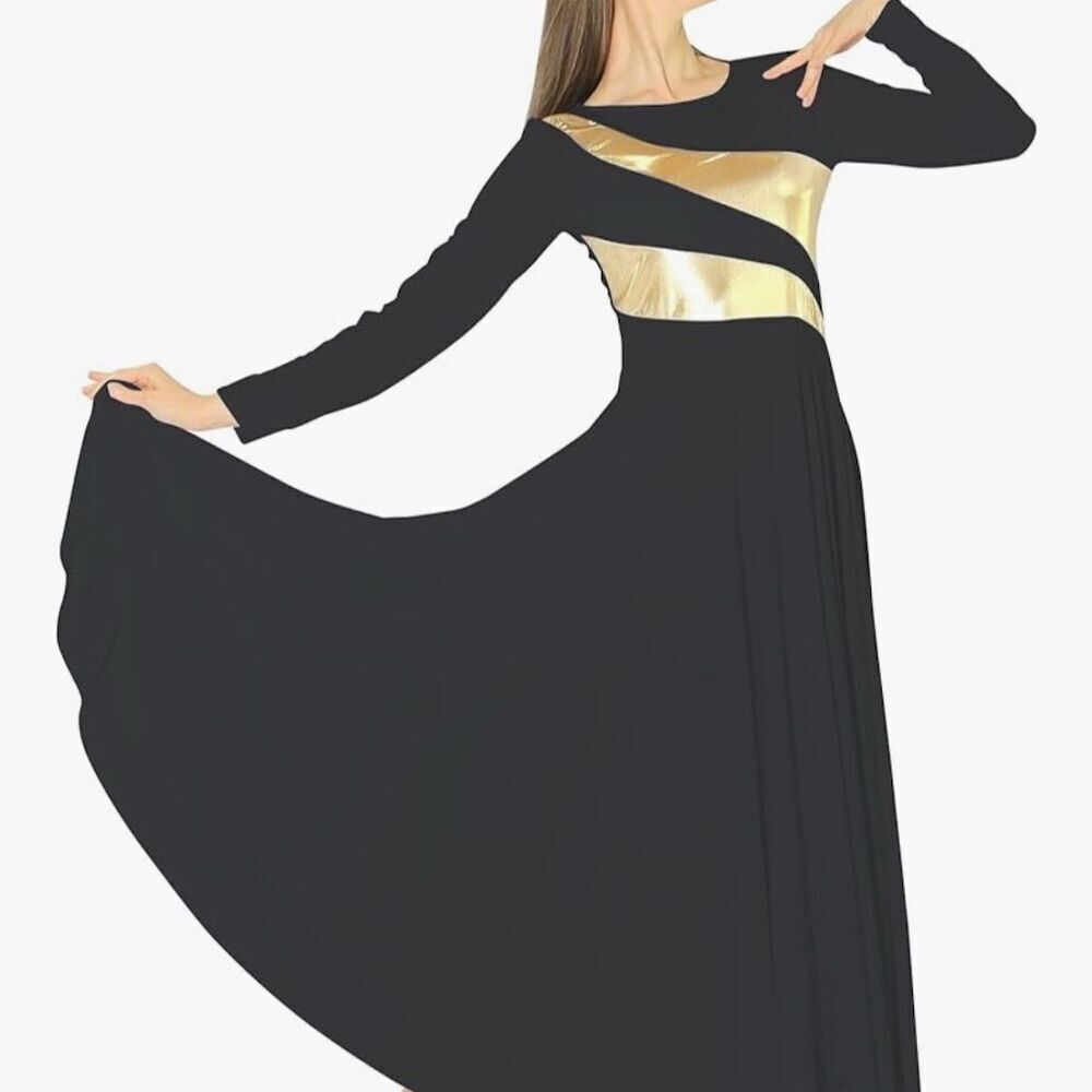 Danzcue Women's Black-Gold Worship Dance Dress Long Sleeve Size S